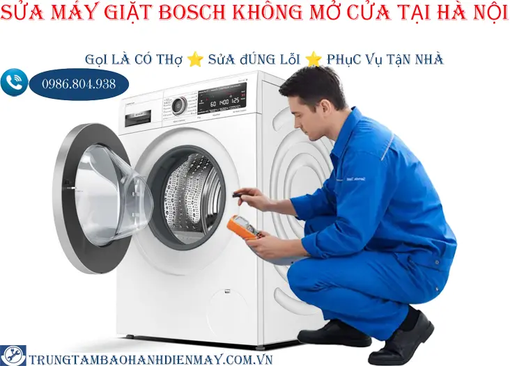 Thợ kiểm tra sửa chữa máy giặt Bosch báo lỗi hỏng khóa cửa, không mở cửa tại nhà khách